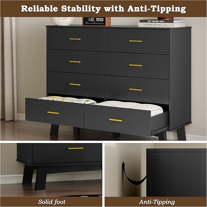 Dresser for Bedroom with 8-Drawer, 37" Tall Modern Chest of Drawers with Metal Handles, X-Shape Base & Adjustable Center Leg, Anti-Tip Closet Organizers and Storage