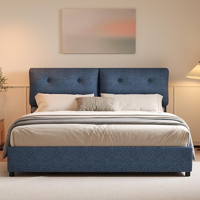 King Bed Frames,Breathable Boucle Fabric Upholstered Bed Frame with Headboard,Removable and Washable,Wood Slat Support,No Box Spring Needed,Easy Assembly,Navy Blue