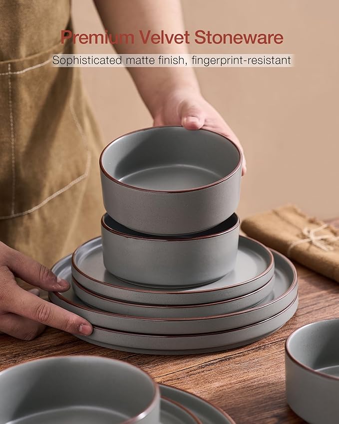 Famiware Nebula Ridge Stoneware Dinnerware Sets, Plates and Bowls Sets for 4, 12 Pieces Dishes Set, Microwave and Dishwasher Safe Kitchen Plates, Dark Gray