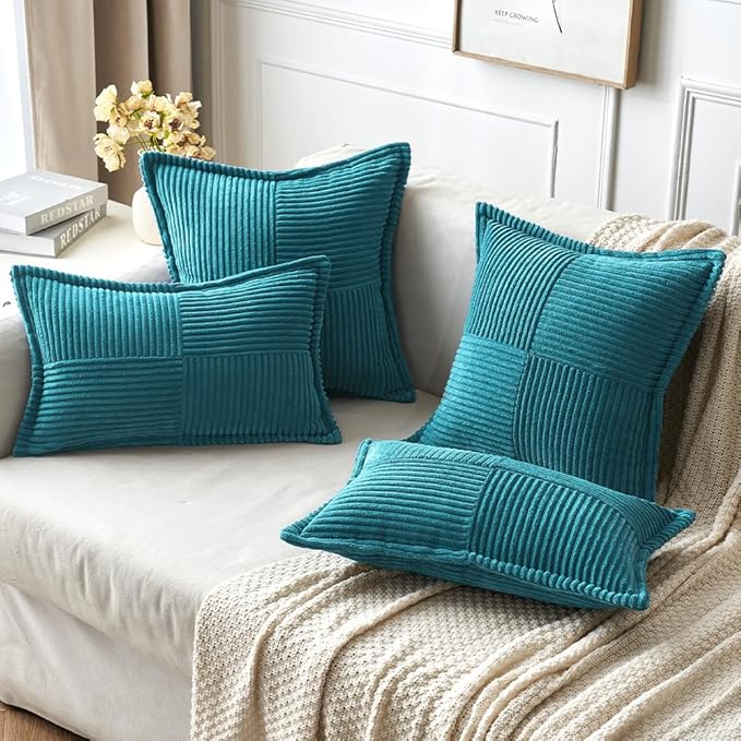 MIULEE Decorative Throw Pillow Covers for Couch Bed Livingroom 16x16 Inch Set of 2 Teal Blue Boho Accent Throw Pllows Broadside Striped Patchwork Soft Corduroy Summer Coastal Pillowcases