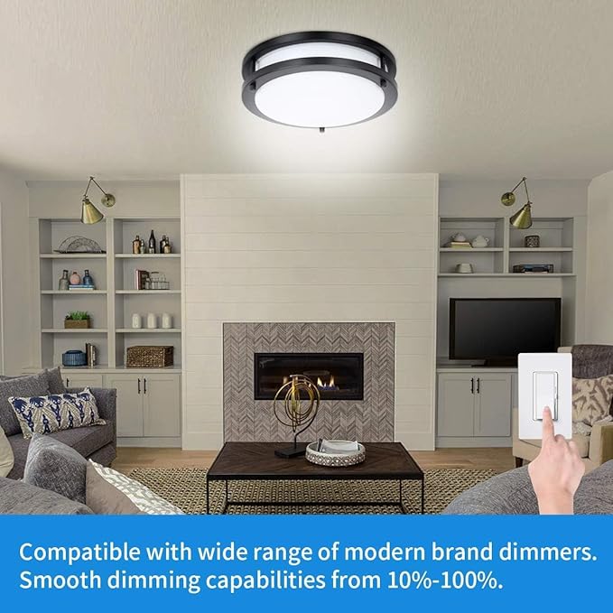 36W Dimmable LED Ceiling Light Fixture, 12in Flush Mount Light Fixture, Ceiling Lamp for Bedroom, Kitchen, Bathroom, Hallway, Super Bright 3500 Lumens, Black, 3000K Warm White