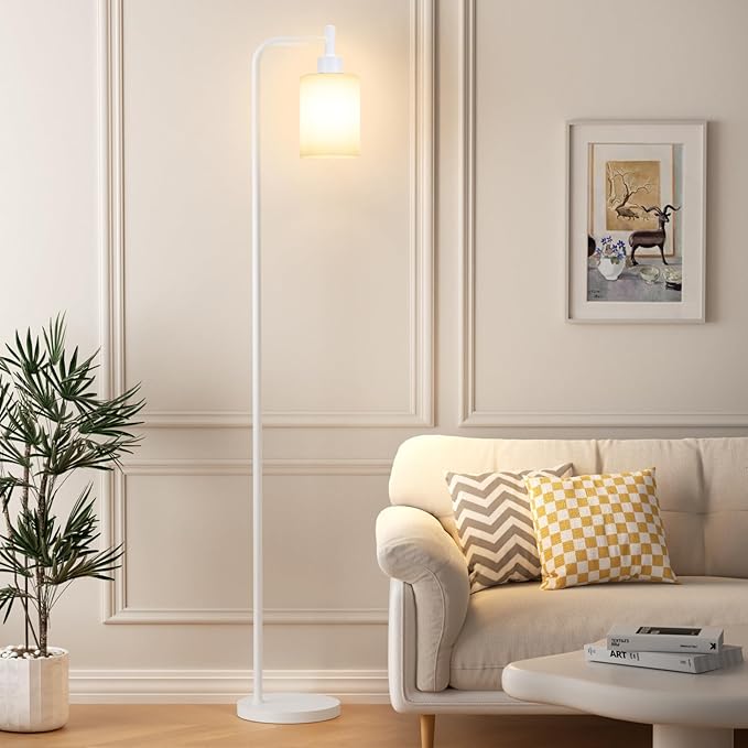Floor Lamps for Living Room - Industrial Standing Lamp with Glass Shade, Modern White Floor Lamp with LED Bulbs, Farmhouse Floor Lamp for Bedroom, Tall Lamp for Office - White