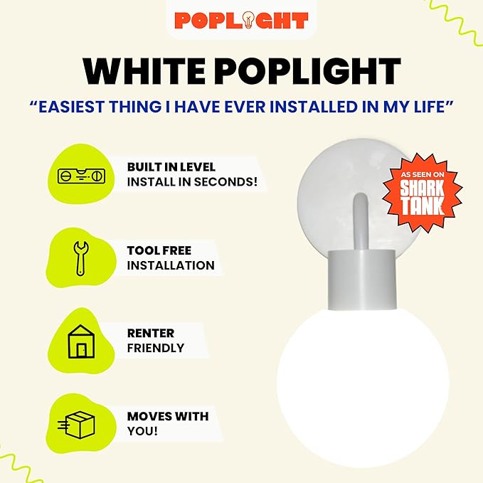 Wireless Wall Sconce (Shark Tank) Rechargeable & Dimmable LED Light w/App Control & Damage-Free Install, Moveable Modern Ambient Lighting for Elegant Home & Bedroom Decor | Popwhite