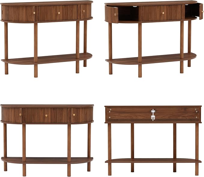 43.3“ Fluted Half Moon Console Table, Modern Entryway Console Sofa Table with Storage, Narrow Wood Accent Tables Behind Couch Tables for Living Room, Hallway, Foyer(Walnut)