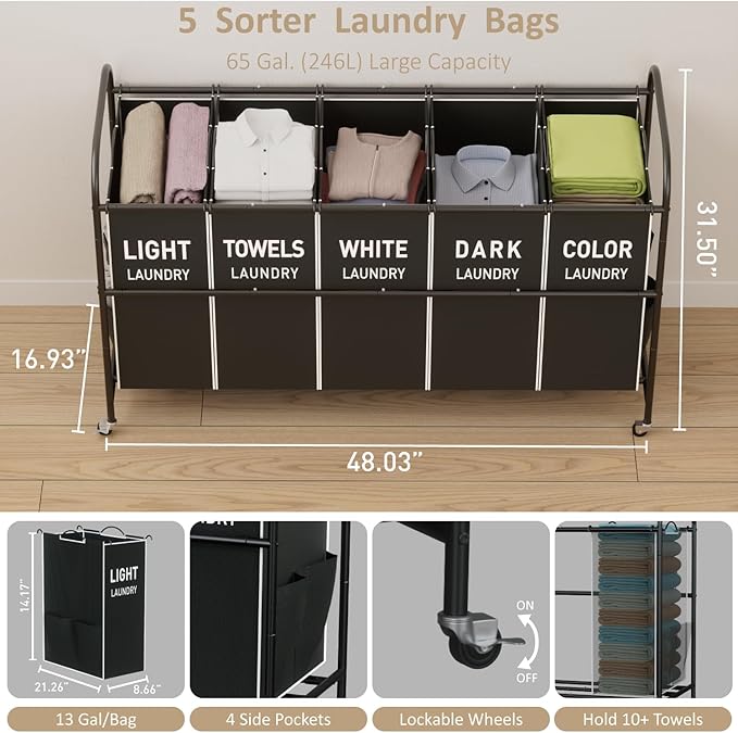 5-Section Laundry Sorter Cart, Large Laundry Hamper with Lockable Rolling Wheels, Versatile Storage Organizer with Removable Bags for Dirty Clothes, Black