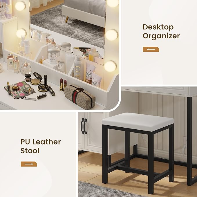 Makeup Vanity Desk with Mirror and Lights & Stool, Glass Top Vanity Table Set with Charging Station, 4 Stoarge Drawers & Double-Door Cabinet, Modern White & Black