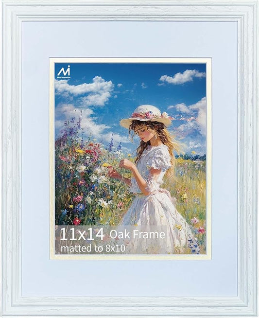 11x14 Picture Frame for Wall Hanging Solid Oak Wood, 8x10 Picture Frame with Mat,11x14 Premium Photo Frame with Real HD Tempered Glass,Ideal for Home Decor, Art Gallery,White, 1 Pack
