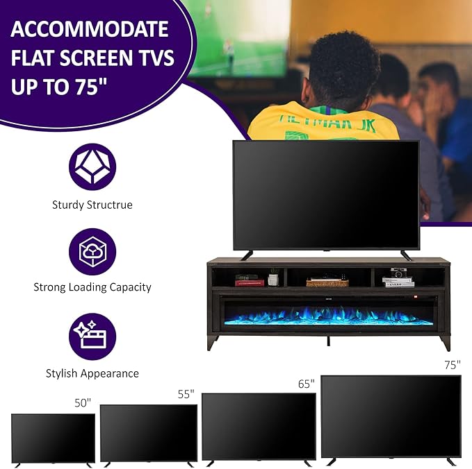 AMERLIFE 65" Fireplace TV Stand with 60" Glass Electric Fireplace, Industrial & Farmhouse Media Entertainment Center with Open Shelve Storage for TVs Up to 75", TV Console for Living Room, Gray