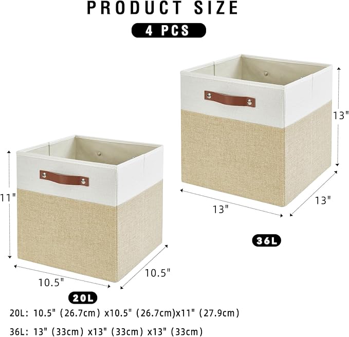 Collapsible Fabric Storage Cube Bins with 2 Reinforced PU Handles, Foldable Storage Organizer Baskets for Closet, Shelves, Living Room | 13"x13"x13", 4 Pack, Beige & White