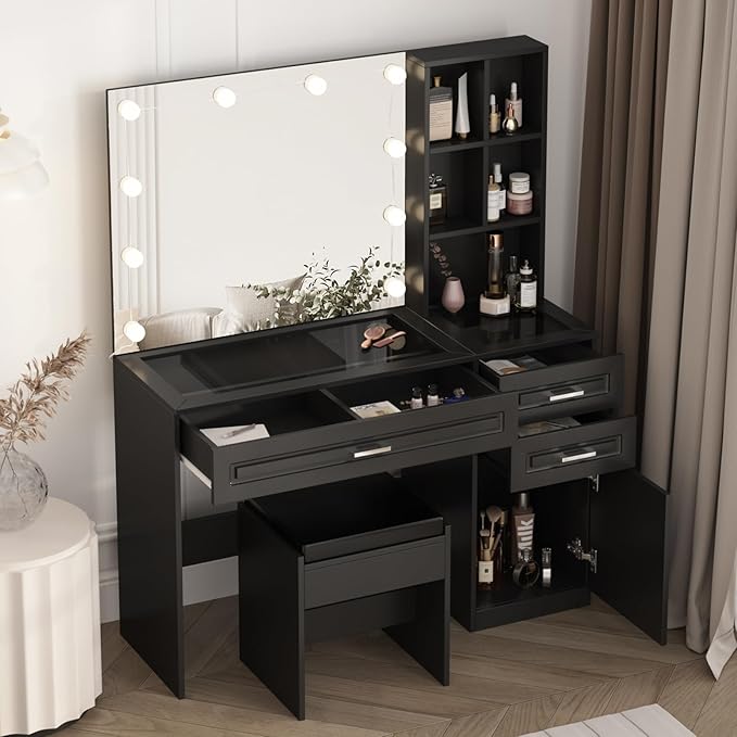 Vabches Vanity Desk with Lights and Mirror,Black Makeup Desk with 3 Drawers & Storage Cabinet & Shelves,Glass Top Vanity Table Set with 3 Lighting Modes Adjustable Brightness