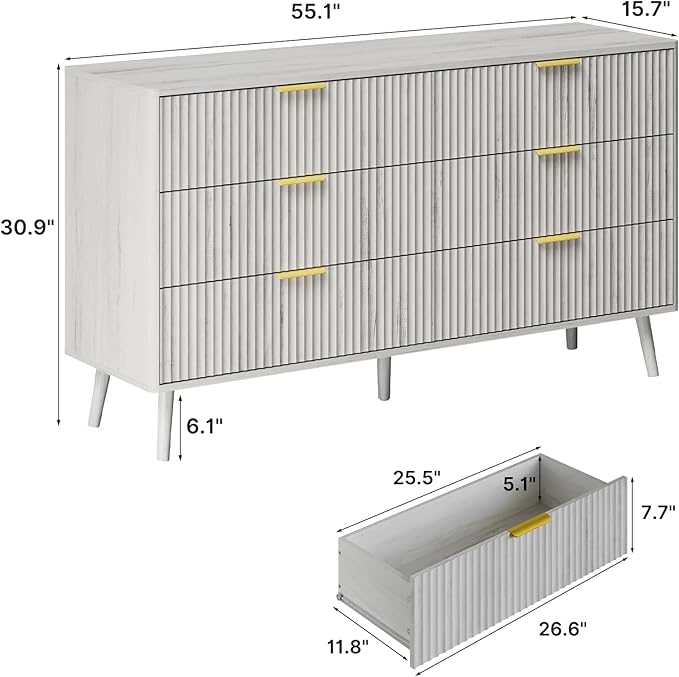 LYNSOM Fluted Dresser and Nightstand Set, 3 Pieces Bedroom Set, 55 Inch Wide 6-Drawer Dresser & 1-Drawer Nightstands Set of 2, Modern Dressers Set for Bedroom, Living Room, White