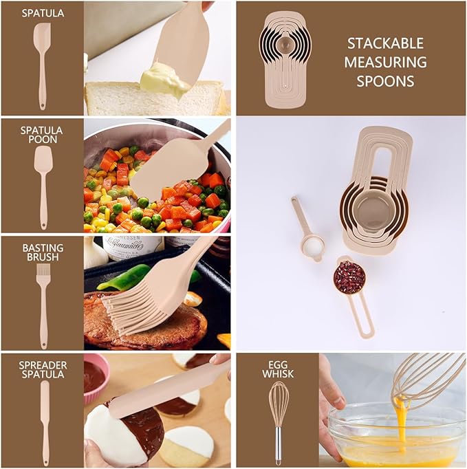 Mixing Bowls with Lids set - 25 PCS Stainless Steel Nesting Khaki Mixing Bowls Set for Baking,Mixing,Serving & Prepping,Size 5, 3.7, 2.8, 2.3, 1.7, 1.1, 0.7QT, 11 Cooking Utensils