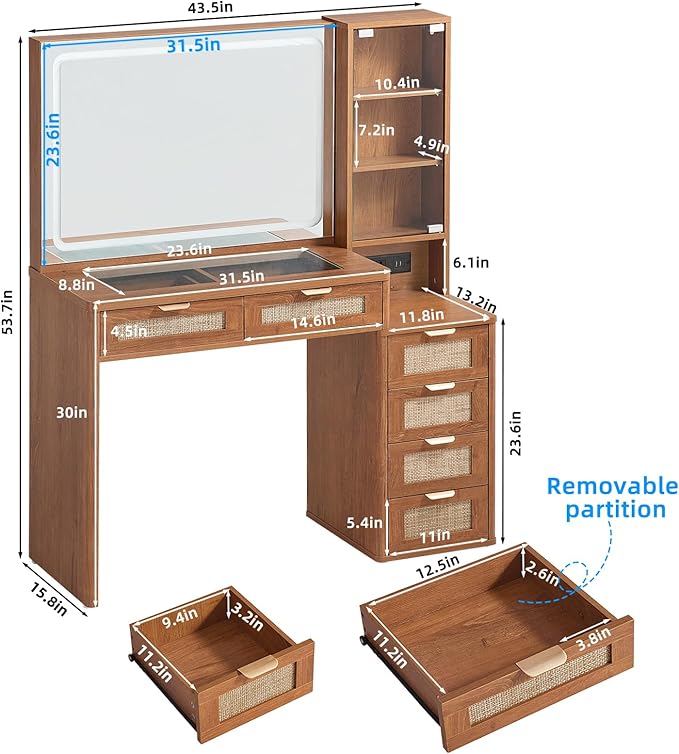 LEYAOYAO Rattan Vanity Desk with Mirror and Lights, 43.5'' Boho Makeup Vanity with 6 Drawers and Adjustable Shelves, Brown Make Up Vanity Dressing Table with Glass Top and Power Outlet for Bedroom