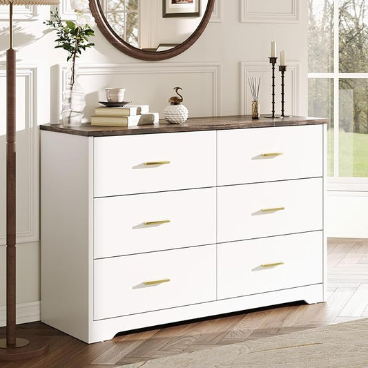 LIDYUK Dresser for Bedroom, Wood Dresser with 6 Drawers, Modern Minimalist Style Dressers & Chests of Drawers, 48 Inches Wide Chest of Drawers for Bedroom, Hallway, Living Room, White