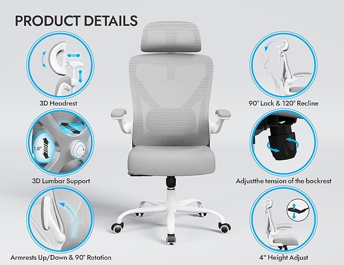 Ergonomic Office Chair - Computer Desk Chairs Comfy, Mesh High-Back Gaming Chair with Adjustable Lumbar Support, Executive Task Chair for Adults, Comfortable for Long Hours (Grey Silver)