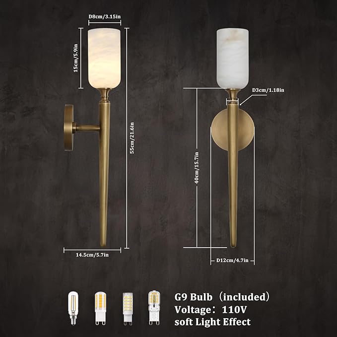Alabaster Wall Sconces Set of Two, 22in Modern Spanish Natural Marble Bathroom Vanity Sconces, Brass Alabaster Sconce Wall Lighting, Gold Wall Light Fixtures Decor for Bedroom Living Room Staircases