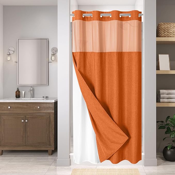 Stall No Hooks Needed Linen Textured Shower Curtain with Snap-in Fabric Liner Set,Hotel Luxury Decor Farmhouse Shower Curtains for Bathroom,Waterproof & Washable,54Wx80H,Burnt Orange