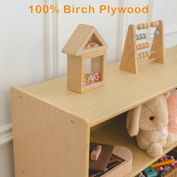Wooden Kids Bookshelf and Toy Storage Organizer, 3-Tier Montessori Shelf, 7-Section Storage Cabinet, Birch Bookcase Book Shelf for Kids Room, Nursery, Classroom, Playroom - Natural