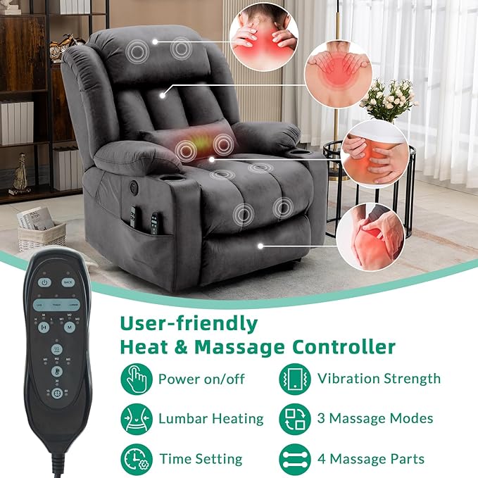 VIVIJASON Tall Man Large Dual Motor Power Lift Recliner Chair with Extended Footrest, Oversized Lay Flat Sleeper Electric Recliner W/Heat & Massage, Lumbar Pillow, USB & Type-C Ports, Gray