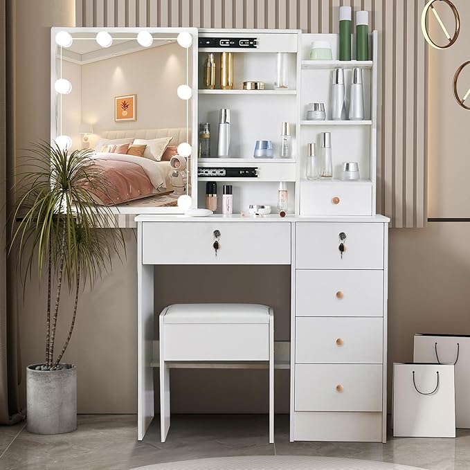 Vanity Mirror with Lights Desk and Chair, 5 Drawers and Cabinet, Makeup Table with Large HD Mirror Makeup Desk, 3 Lighting Modes, White Makeup Table with Stool