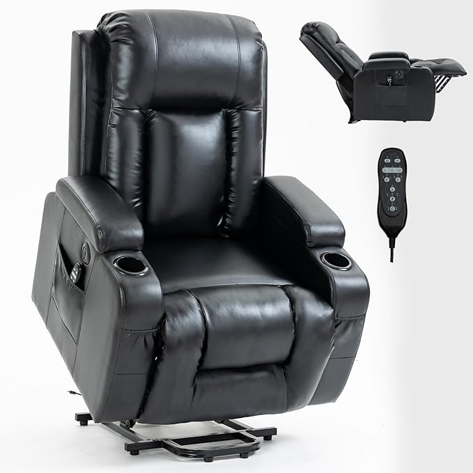 PELUMY Power Lift Recliner Chair for Elderly with Massage & Heat - Heavy Duty Electric Lift Chair, Oversized Recliner, Lay Flat, 8-Point Vibration, Lumbar Heating, USB Port, Cup Holders (Black)