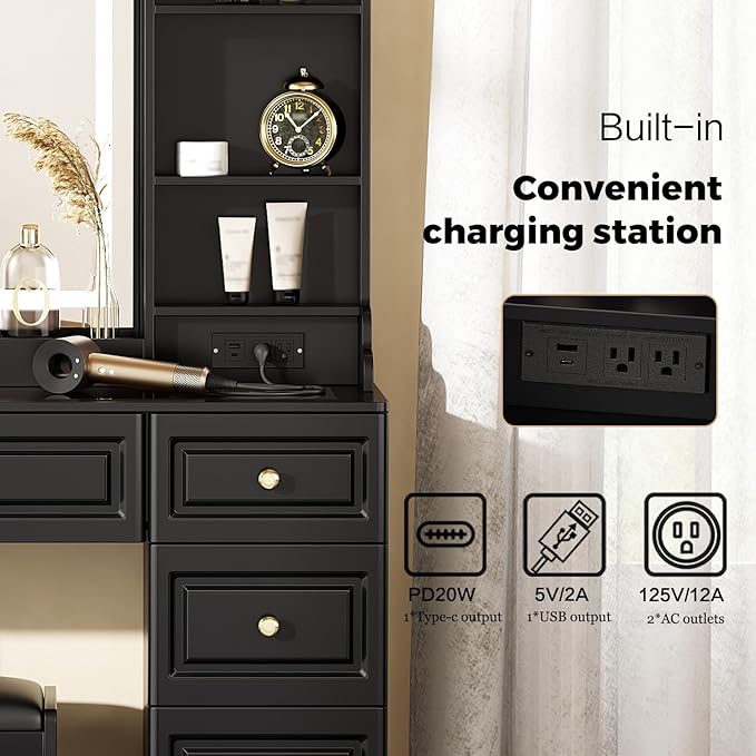 43" Makeup Vanity Desk with Mirror and Lights, & Power Outl, Glass Top Big Vanity Table with 9 Drawers& 8 Storage Shelves, Dressing Table Set with Chair for Bedroom, Black