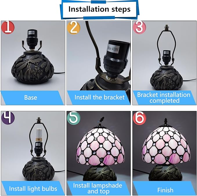 Small Tiffany Stained Glass Lamp, 3 Color Temperatures Bedside Lamp, 8 Inch Pink Pearl Beads Style Mushroom Desk Light for Bedroom Living Room Office Home Decor (Pink)