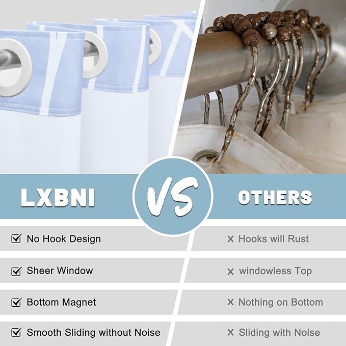 No Hook Ombre Blue Striped Shower Curtain with Snap in Liner Set - Hotel Shower Curtain and Liner Set with See Through Mesh Top Window,Machine Washable, 71x74 INCH