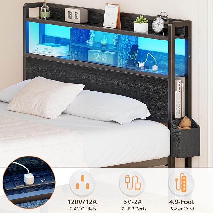 Furnulem Queen Bed Frame with Wood Headboard and Storage Shelf, Metal Platform Bed Frame Queen Size with Storage Drawers, LED Lights and Charging Station, No Box Spring Needed, Noise Free, Black