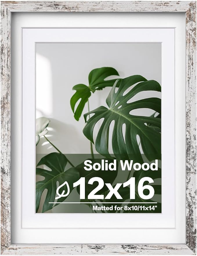 Egofine 12x16 Picture Frame Rustic White Covered by Plexiglass Made of Solid Wood, Display Pictures 9x12 and 11x14 with Mat or 12x16 Without Mat for Wall Mounting