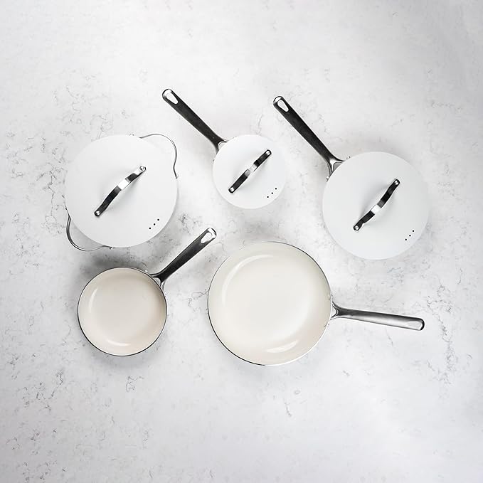 Alva Mobi 8-Piece Ceramic Cookware Set – PFAS-Free, Nonstick & Non-Toxic – Oven & Induction Safe – Scratch-Resistant, Diamond-Reinforced, Dishwasher Safe – Elegant Cannoli Cream