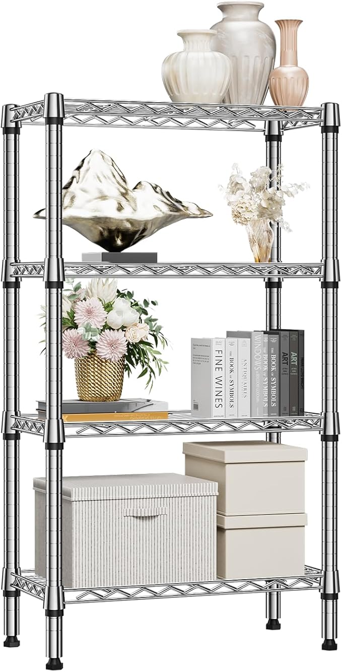 1000 lbs 4 Tier Shelf Metal Storage Shelves Wire Rack Closet Organizers for Garage Kitchen Bathroom Laundry Chrome 11.8" D x 25.6" W x 45.5" H