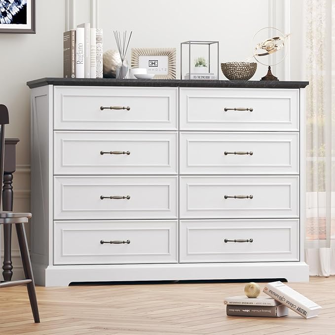 Dresser for Bedroom with 8 Drawer, Farmhouse Dresser for Closet,47'' Wide Rustic Wooden Chest of Drawers with Natural Wood Texture, Vintage Storage Organizer for Living Room, Hallway, White