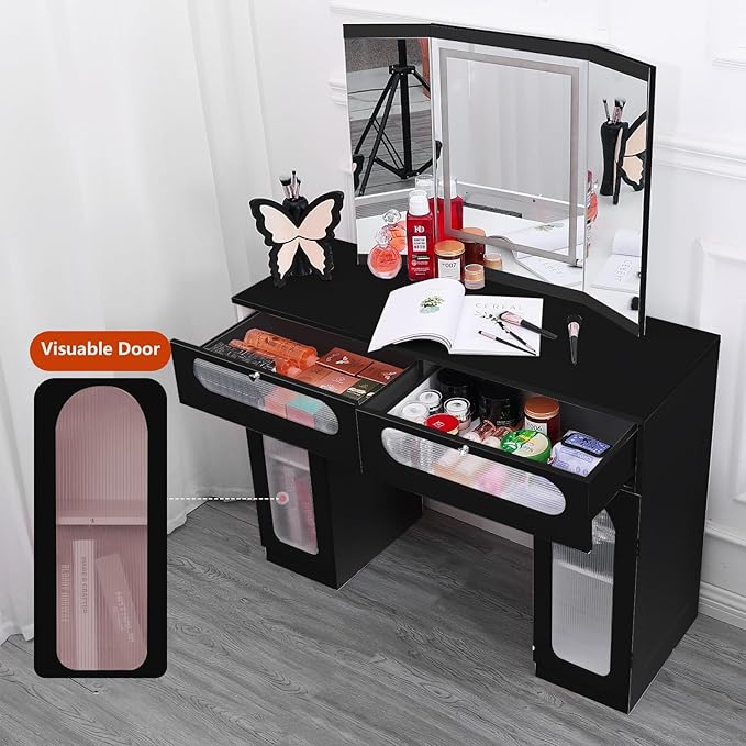Vanity Desk with Tri-Fold Mirror and Lights, LED Makeup Vanity with 2 Drawers, 2 Doors Storage, Gifts for Girls/Women (Black)