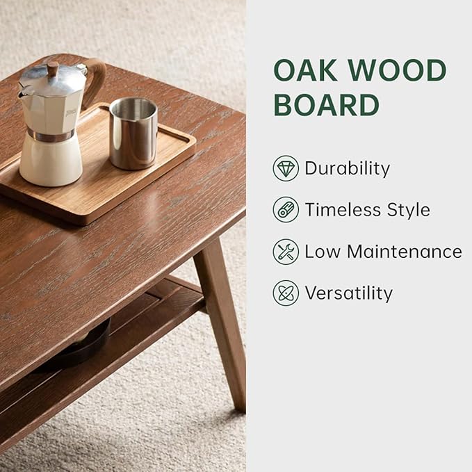 100% Solid Wood Coffee Table for Living Room, 31.5" Mid Century Modern Small Tables with Shelf Storage, Storage Coffee Table with Rounded Corners (Oak Wood Walnut Color, 31.5" L)