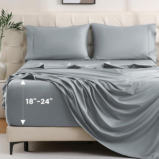 Bedlifes California King Sheet Set, Extra Deep Pocket 18-24 Inches, 1000Thread Count 100% Egyptian Cotton, Soft and Breathable 4-Piece,Grey