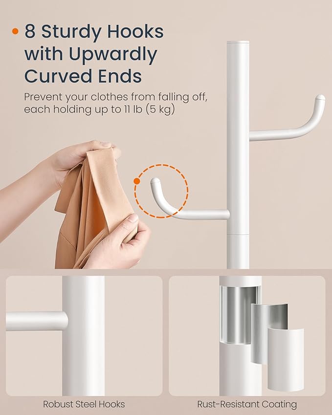 SONGMICS HOME Cactus-Shaped Coat Rack, Freestanding, Stand with 8 Sturdy Hooks, with Curved Ends, 69 Inches Tall, for Clothes, Hats, Bags, Cloud White URCR039W01