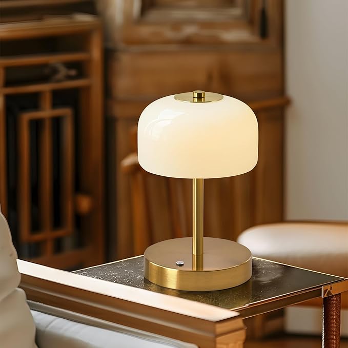 PORTRES Cordless Table Lamp Rechargeable Battery Operated Mushroom lamp Opal Glass Shade 3 Way Dimmable LED Touch Outdoor Lamp for Camping Bedroom Dining Living Room Beside Patio Restaurant,Gold