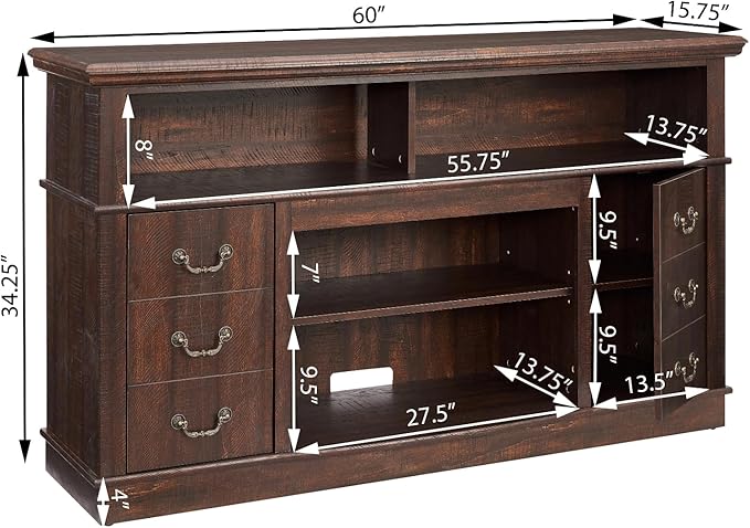 HMFULE 60" Entertainment Center for 60 65 Inch Television, TV Stand with Storage Cabinets & 2 Doors & Adjustable Shelves, Modern TV Console, Rustic Farmhouse Living Room Furniture (Espresso)