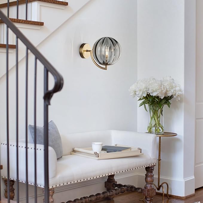 KCO Lighting 1-Light Smoked Glass Wall Sconces Brushed Brass Wall Sconce Light Gold Globe Wall Light Fixtures Vintage Bathroom Wall Lamp Modern Round Wall Sconce