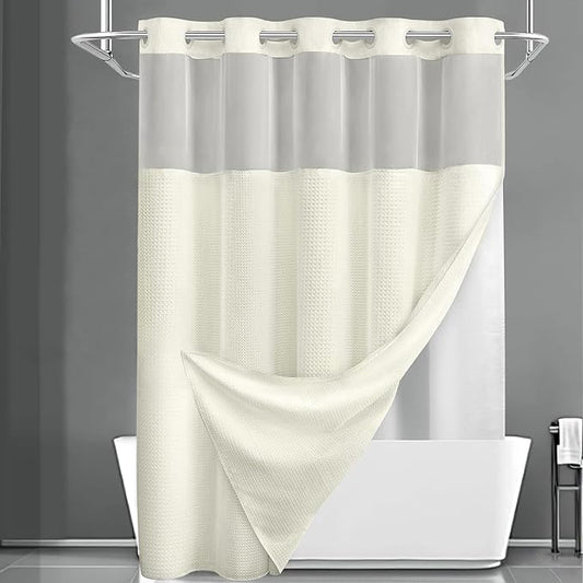 YellyHommy No Hook Shower Curtain with Snap in Liner Set Less Time Cream Waffle Shower Curtain for Bathroom 75" L x 72" W