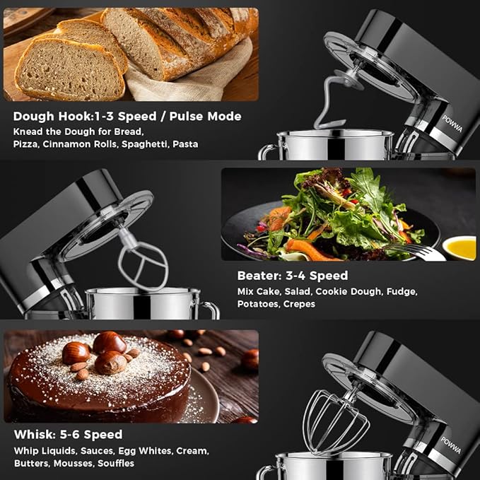 Stand Mixer, POWWA 6.5 Quart Electric Mixer, 6+1 Speed 660W Tilt-Head Kitchen Food Mixers with Whisk, Dough Hook, Mixing Beater & Splash Guard for Baking, Cake, Cookie, Kneading, ETL Certified (Black)