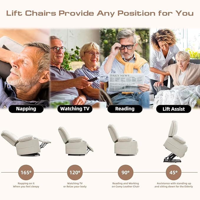 Small Power Lift Chairs Recliners for Petite Elderly, 3 Position Lift Recliner Chair for Small Space, Heating and Massage, USB-A USB-C, Cup Holder, Side Pocket Beige