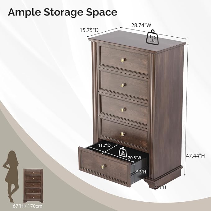 VINGLI 47" Tall Dresser 5 Drawer Chest of Drawers, Wood Dresser for Bedroom, Brown Chest Dressers Wooden