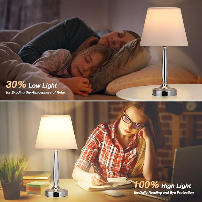 Kakanuo Touch Table Lamp for Bedroom, Small Bedside Lamp with USB C Charging Port, 3 Way Dimmable Touch Control Nightstand Lamp for Living Room and Office, White Shade and Silver Base