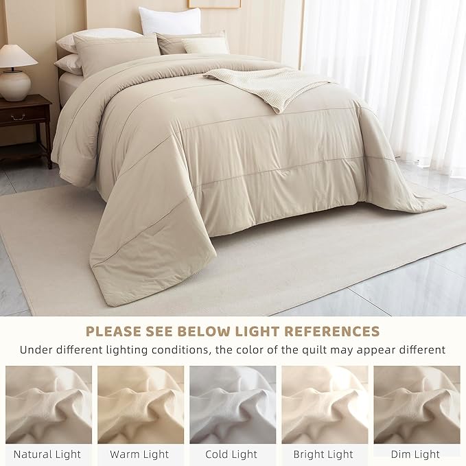 Sanracie Oversized King Comforter 120 * 120, Cotton Comforter King Size Extra Large, Wheat Pinch Pleated Bed Set Linen Feel Textured 3pcs Soft Lightweight Neutral Oversized King Bedding