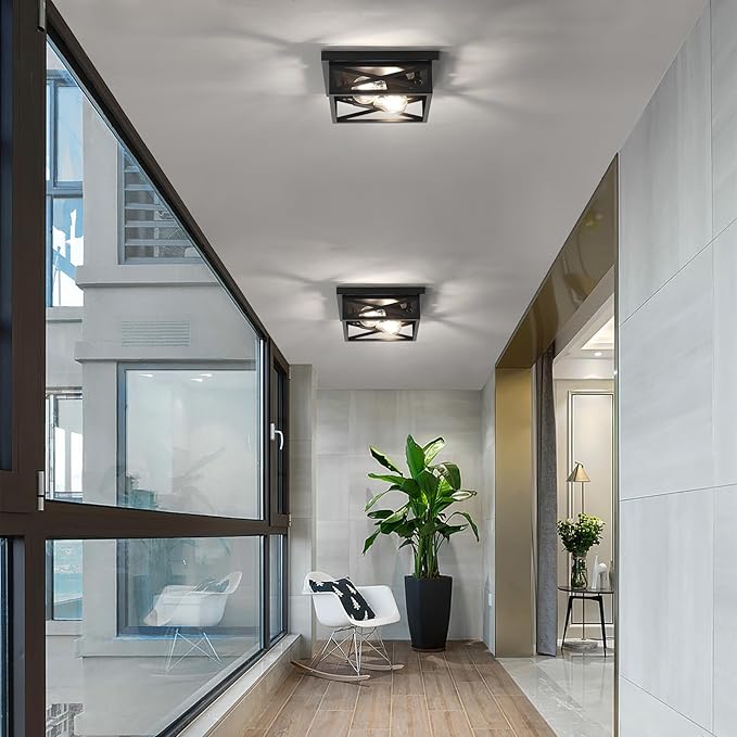 Black Rustic Metal Flush Mount Ceiling Light Fixture, 2-Light Industrial Farmhouse Hallway Light Fixtures, Metal Cage Closed to Ceiling Mounted Lights for Bedroom Kitchen Ceiling Lights