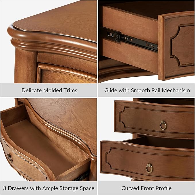HULALA HOME Traditional Side Tables with 3 Drawers, Tall Side Table with Curved Front Profle Desgin, Charging Station, Solid Wood Legs, Set of 2, Walnut