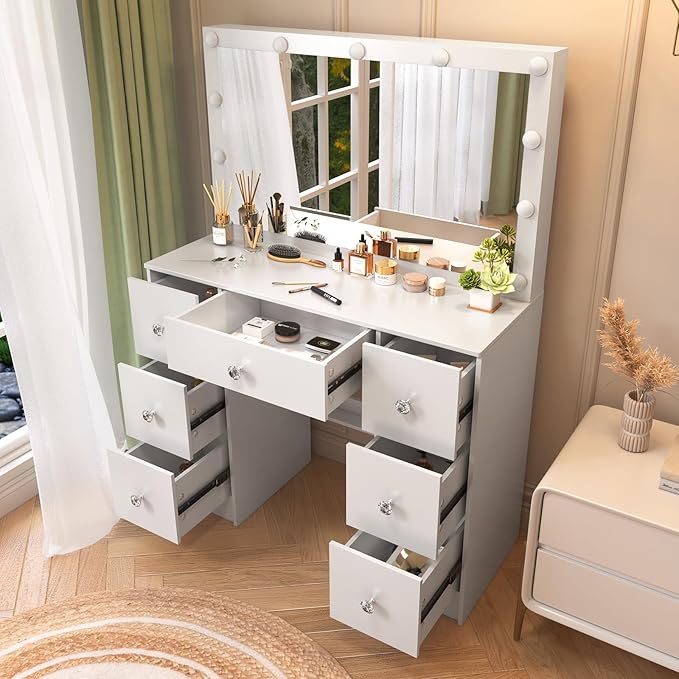 JBLCC Vanity Desk with Mirror and Lights, 39.4''W White Makeup Vanity with 3-Color Lighted Mirror, 7 Drawers & Open Shelves, Big Vanity Table for Bedroom, Girls & Women