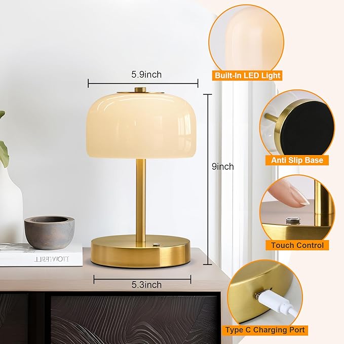 PORTRES Cordless Table Lamp Rechargeable Battery Operated Mushroom lamp Opal Glass Shade 3 Way Dimmable LED Touch Outdoor Lamp for Camping Bedroom Dining Living Room Beside Patio Restaurant,Gold